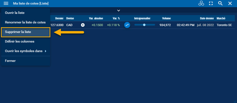 Suppression d’une liste de cotes à partir du menu déroulant du widget